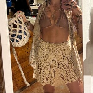 Knit Crochet Tan Nude Beige Floral Mandala Skirt Beach High Waisted Cover Up